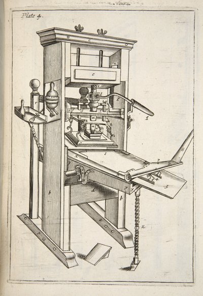 Die Druckerpresse, aus Mechanick Exercises: or The Doctrine of Handy-Works applied to the Art of Printing, veröffentlicht 1683 von English School